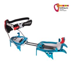 Blaues Camp Skimo Race Skitouren Steigeisen mit grauen Antistollplatten auf weißem Grund.