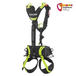 Schwarz grüner Edelrid Vector Y Industrieklettergurt mit Bruststeigklemme von seiner Rückseite.