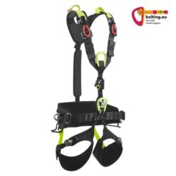 Schwarz grüner Edelrid Vector Y Industrieklettergurt mit Bruststeigklemme von seiner Vorderseite.