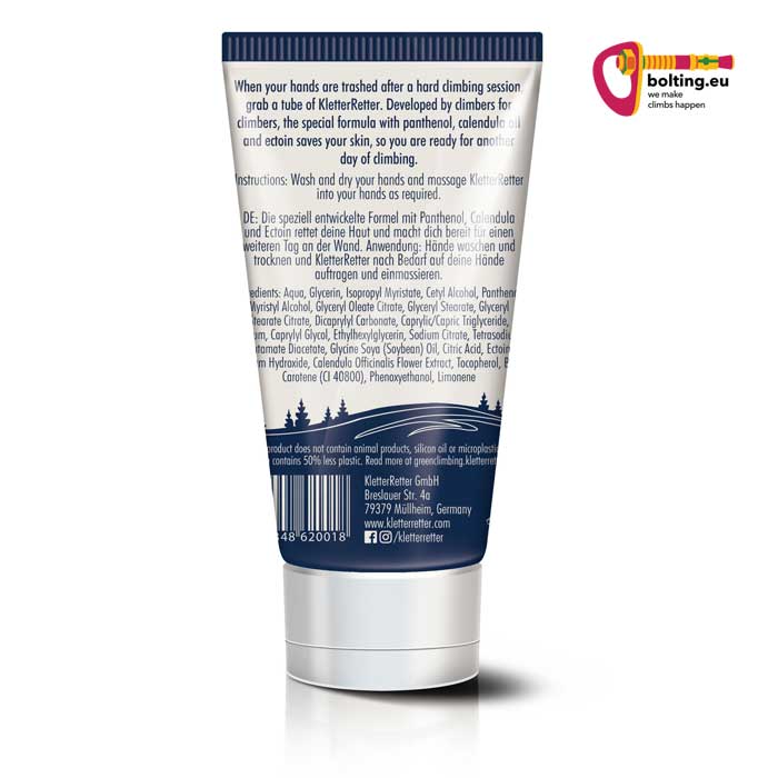 Blau weiße Tube Kletterretter Handcreme für Boulderer mit Inhaltsstoffen.